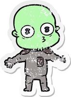 distressed sticker of a cartoon weird bald spaceman vector