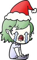 gradient cartoon of a crying vampire girl wearing santa hat vector