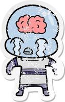 distressed sticker of a cartoon big brain alien crying vector