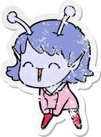 distressed sticker of a cartoon alien girl laughing vector