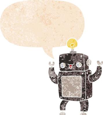 cartoon happy robot and speech bubble in retro textured style