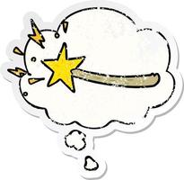 cartoon magic wand and thought bubble as a distressed worn sticker vector