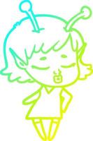 cold gradient line drawing cute alien girl cartoon vector