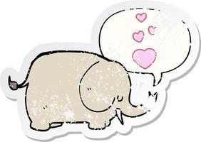 cute cartoon elephant and love hearts and speech bubble distressed sticker vector