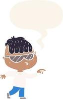 niño de dibujos animados con gafas de sol apuntando y burbuja de habla en estilo retro vector