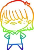 dibujo de línea de gradiente de arco iris chica de dibujos animados molesta vector