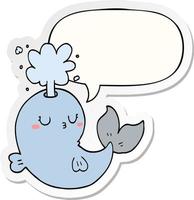 cartoon whale spouting water and speech bubble sticker vector