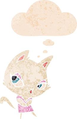 cartoon female cat and thought bubble in retro textured style