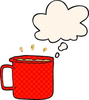 taza de café de campamento de dibujos animados y burbuja de pensamiento al estilo de un libro de historietas vector