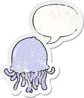 cartoon jellyfish and speech bubble distressed sticker vector