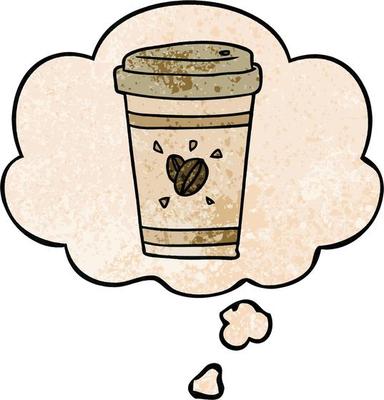 cartoon takeout coffee and thought bubble in grunge texture pattern style