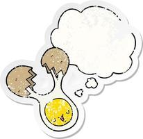 cartoon cracked egg and thought bubble as a distressed worn sticker vector
