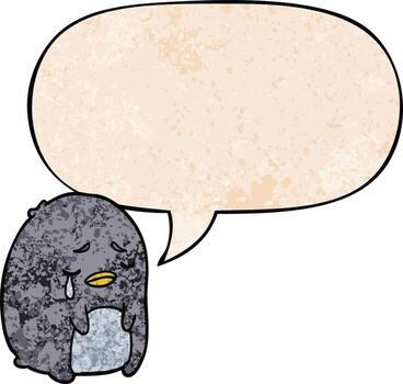 dibujos animados de pingüinos llorando y burbujas de habla en estilo de textura retro vector