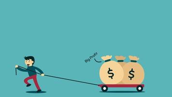 Big Profit Illustration. Vector illustration of a man pulling a trolley full of money.