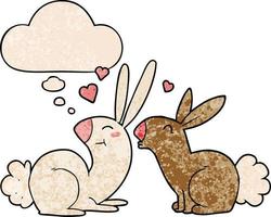 cartoon rabbits in love and thought bubble in grunge texture pattern style vector