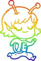 dibujo de línea de gradiente de arco iris dibujos animados de niña extraterrestre sonriente vector