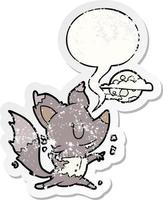 cartoon halloween werewolf changing in moonlight and speech bubble distressed sticker vector