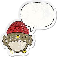 cute cartoon owl in hat and speech bubble distressed sticker vector