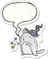 magical amazing cartoon cat wizard and speech bubble distressed sticker vector