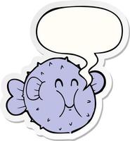 cartoon puffer fish and speech bubble sticker vector