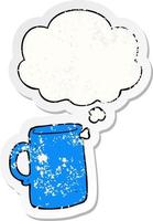 cartoon mug and thought bubble as a distressed worn sticker vector