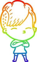 rainbow gradient line drawing cartoon squinting girl vector