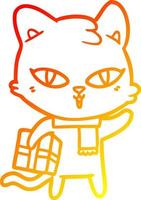 dibujo de línea de gradiente cálido gato de dibujos animados con un regalo vector