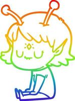 rainbow gradient line drawing cartoon alien girl sitting vector