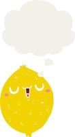 cartoon happy lemon and thought bubble in retro style vector