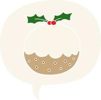 cartoon christmas pudding and speech bubble in retro style vector