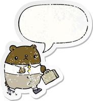 cartoon bear in work clothes and speech bubble distressed sticker vector