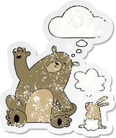 cartoon bear and rabbit friends and thought bubble as a distressed worn sticker vector