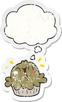 cute cartoon pie and thought bubble as a distressed worn sticker vector