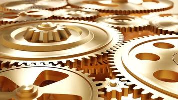 Industrial video background with golden gears. 3d animation.