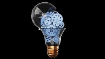 Gears rotate inside bulb. Creativ idea mechanism. 3d render animation. video