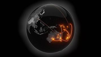 Tech-Erde-Globalisierung in 3D-Animation. globale geschäftspunkte auf rotierendem planeten.