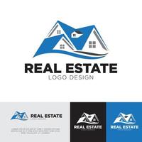 concepto de diseño de logotipo de bienes raíces y techos color azul y gris con onda vector