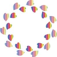 Round frame with gradient rainbow hearts on white background. Vector image.