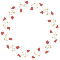 Round frame with horizontal red leaves, decorative elements and little yellow leaves on white background. Isolated wreath for your design. vector