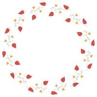 Round frame with horizontal red leaves, decorative elements and little yellow leaves on white background. Isolated wreath for your design. vector