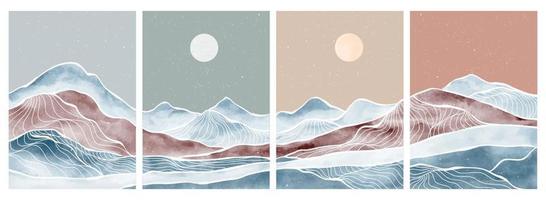Set of Mountain landscape with watercolor brush and line art. Abstract mountain contemporary aesthetic backgrounds landscapes. vector illustrations
