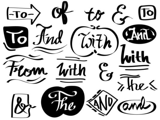 vintage doodle ampersands, catchwords, calligraphy, ribbon. Hand drawn design elements set. words, With,from, by, for, to, the, and. vector illustration