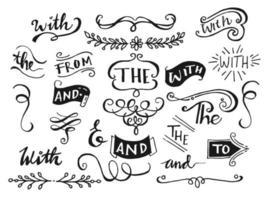 Hand drawn design elements set. doodle ampersands, catchwords, calligraphy, ribbon, dividers, border, swirl, florish vector