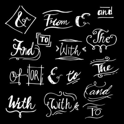 Doodle Handwritten catchwords and ampersands vector set. Modern handwritten calligraphy and lettering. isolated on black background