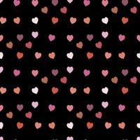 Seamless pattern in stylish cozy red, pink, and orange hearts on black background for fabric, textile, clothes, tablecloth and other things. Vector image.