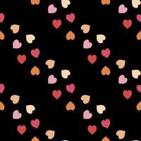 Seamless pattern with exquisite red, pink and orange hearts on black background for plaid, fabric, textile, clothes, tablecloth and other things. Vector image.
