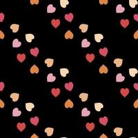 Seamless pattern with exquisite red, pink and orange hearts on black background for plaid, fabric, textile, clothes, tablecloth and other things. Vector image.