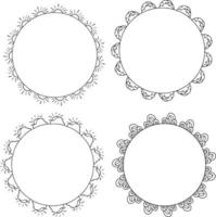 Four round black-and-white frames with suns, clouds and decorative elements. Isolated wreaths on white background for your design vector