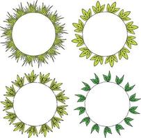 Four round frames with green grass and leaves. Isolated wreaths on white background for your design vector