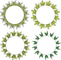 Four round frames with green grass and leaves. Isolated wreaths on white background for your design vector